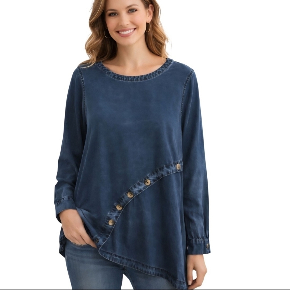 Soft Surroundings Denim Chambray Assymetric Button Detail Tunic Top Size M